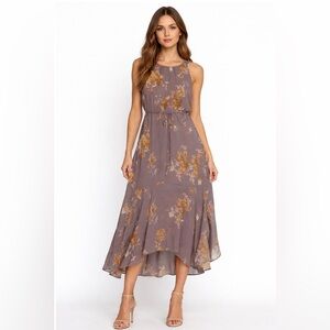 CATO Gray Tan Floral Sleeveless High-Low Chiffon Midi Dress Size Medium